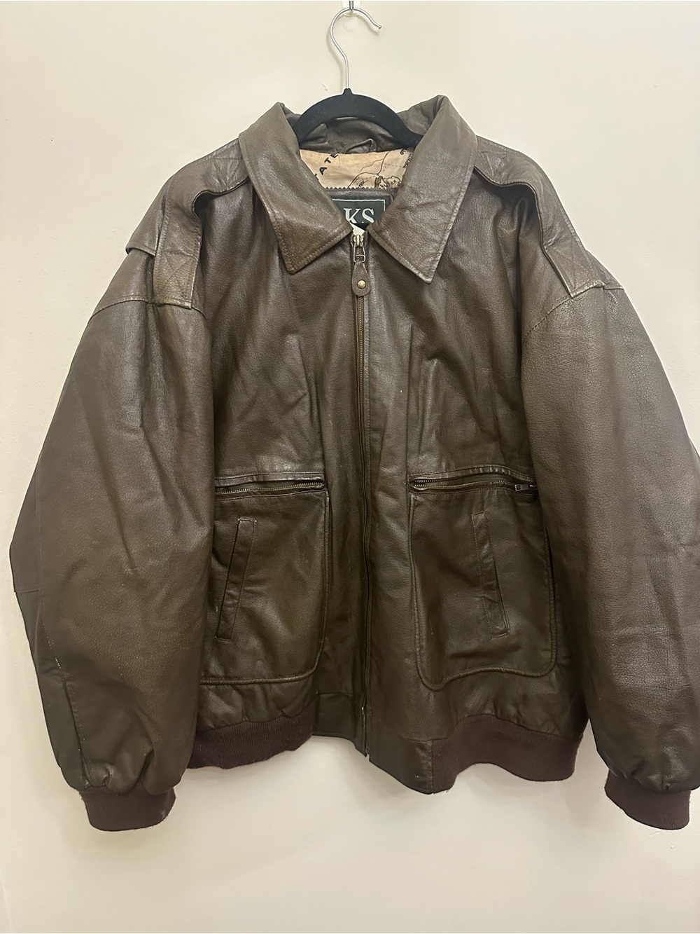Vintage KS Brown Genuine Leather Bomber Jacket XL Oversized Map Lined 90s Grunge